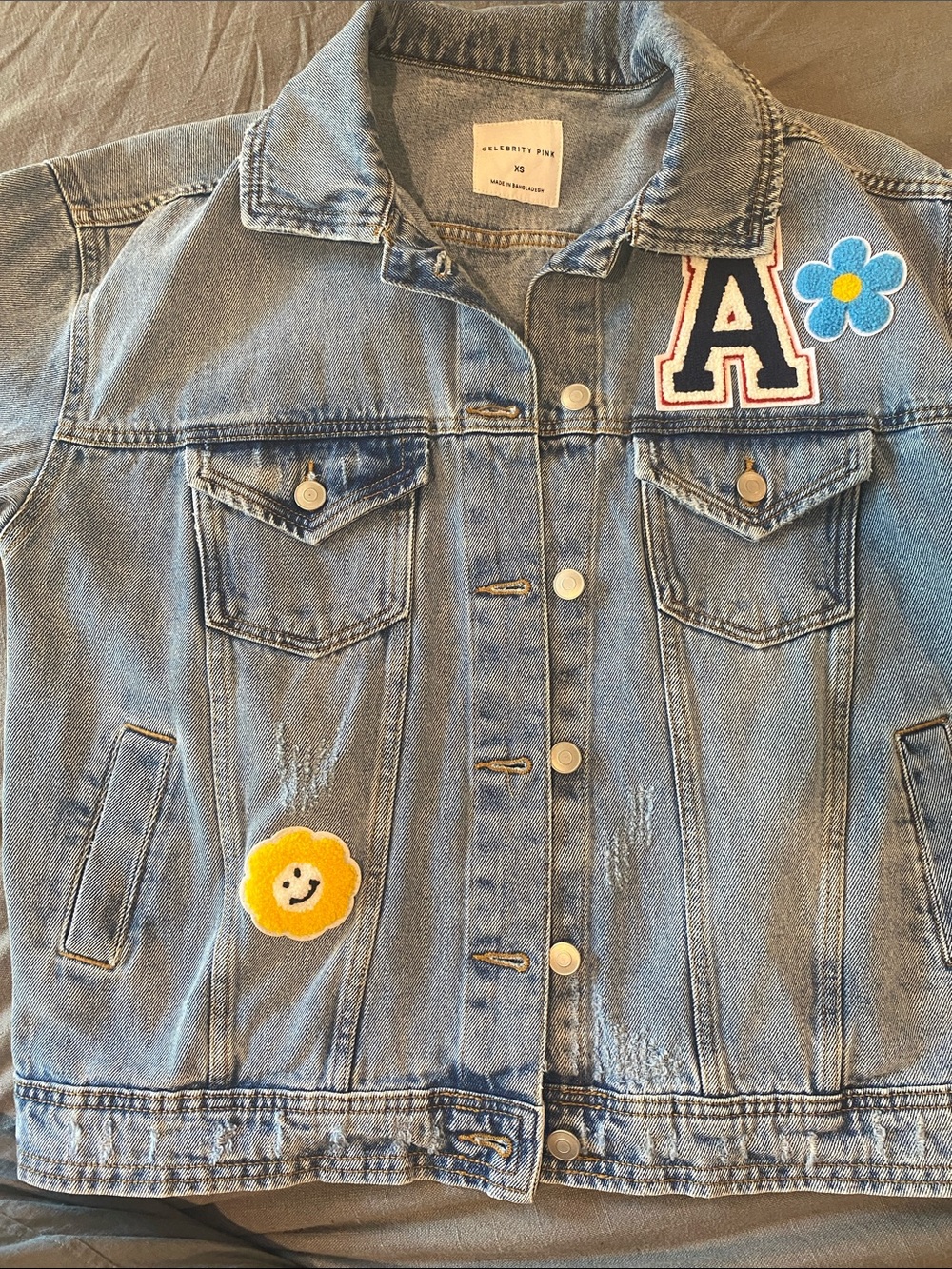 Celebrity Pink Light Blue Denim Jacket with Yellow and Blue Patches